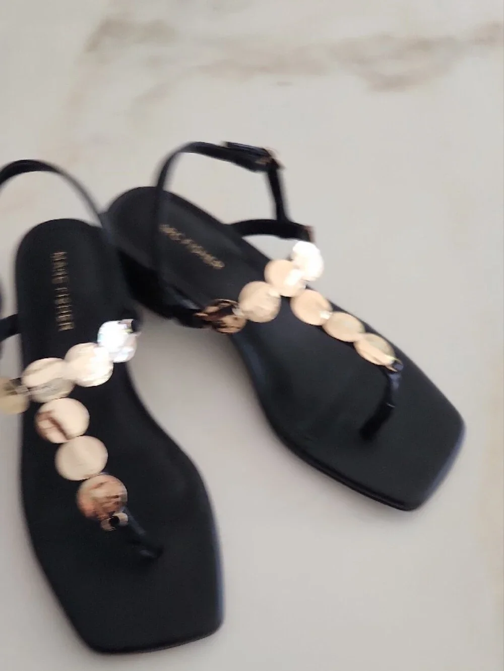 Marc Fisher Black Leather T-Strap Sandals with Hammered Gold Discs